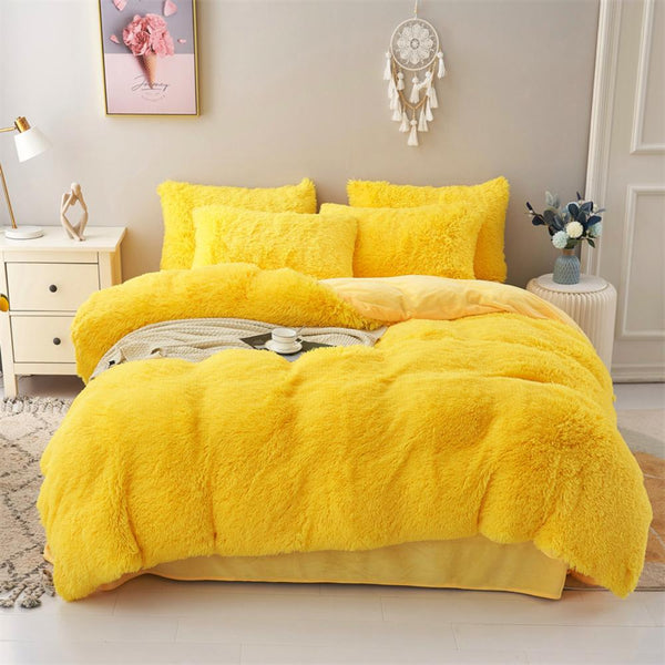 Bright Yellow Plush Fluffy Bedding Set – Cheerful Cozy Bed Set in Sunny Yellow for Teen or Dorm Rooms