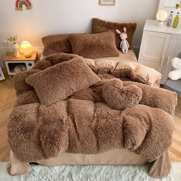 Chocolate Brown Plush Fluffy Bedding Set – Cozy Faux Fur Bed Set in Rich Brown for Rustic Room Decor