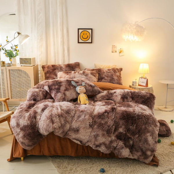 Chocolate Brown Plush Fluffy Tie Dye Bedding Set – Warm Cozy Faux Fur Bedding for Fall Bedroom Decor