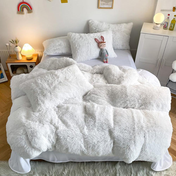 Cotton White Plush Fluffy Bedding Set – Clean Pure Faux Fur Bed Set for Minimalist or Boho Bedrooms