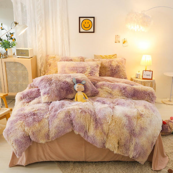 Daffodil Yellow Plush Fluffy Bedding Set – Bright Soft Cozy Faux Fur Duvet Set for Cheerful Bedroom