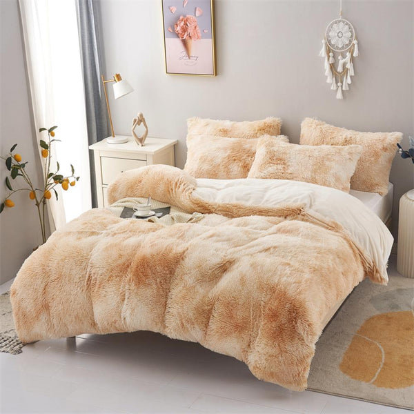 Honey Coloured Plush Fluffy Tie Dye Bedding Set – Warm Soft Yellow Faux Fur Bedding for Boho Bedroom