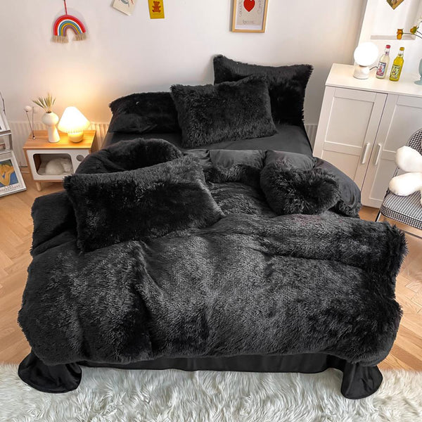 Jet Black Plush Fluffy Bedding Set – Bold Luxe Faux Fur Bed Set in Black for Gothic or Modern Interiors
