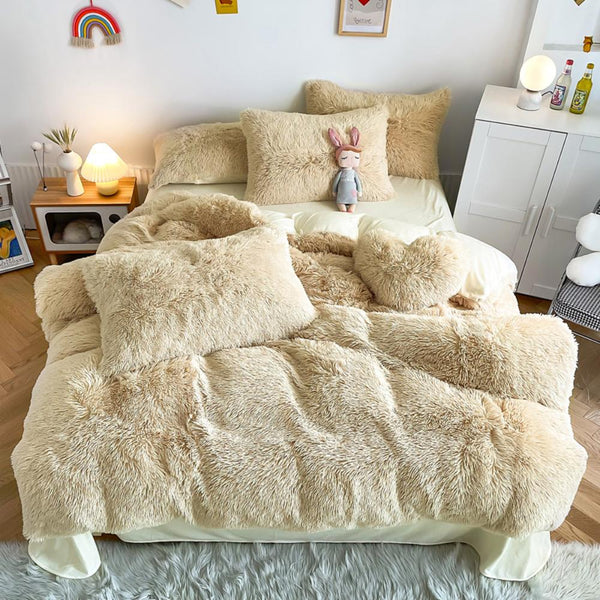 Light Beige Plush Fluffy Bedding Set – Soft Neutral Cozy Bedding Set for Scandinavian Bedroom Aesthetic