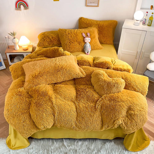 Marigold Yellow Plush Fluffy Bedding Set – Bright Warm Cozy Bedding Set for Sunshine-Lovers Bedrooms