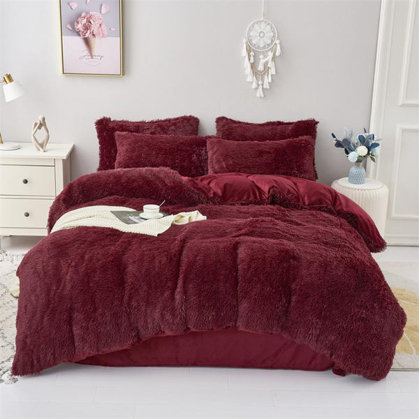 Maroon Plush Fluffy Bedding Set – Elegant Deep Red Faux Fur Comforter Set for Romantic Bedroom Spaces