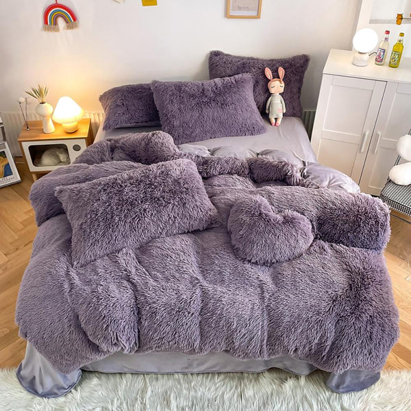 Mauve Purple Plush Fluffy Bedding Set – Soft Cozy Faux Fur Bed Set in Dusty Lavender for Elegant Style