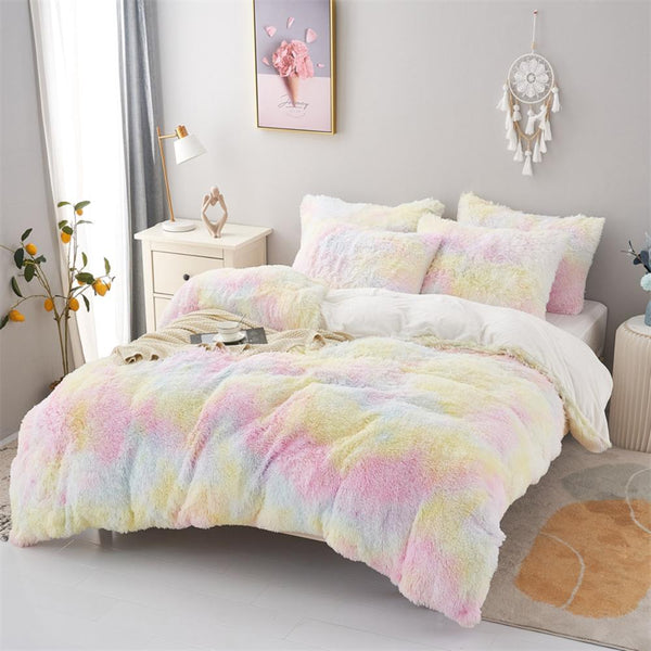Pale Pastel Rainbow Fluffy Tie Dye Bedding Set – Soft Plush Colourful Bed Set for Girls, Cozy and Aesthetic