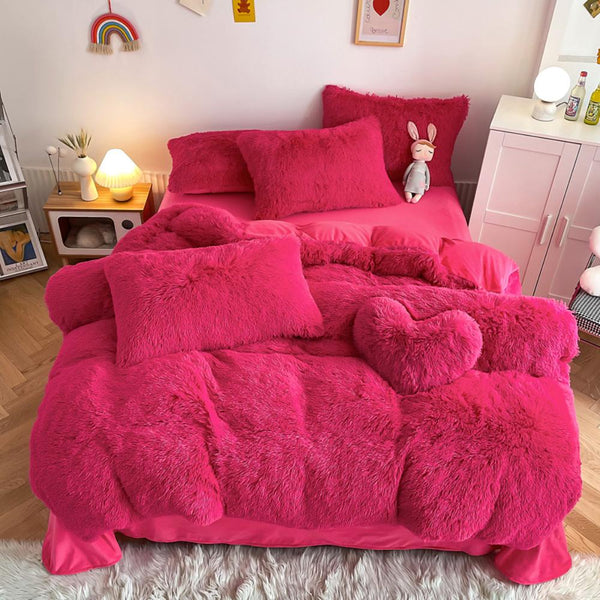 Petal Pink Plush Bedding Set – Soft Blush Faux Fur Comforter for Girls or Teen Romantic Room Decor