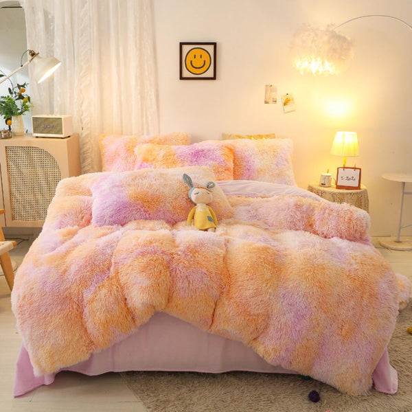 Pink & Apricot Fluffy Tie Dye Bedding Set – Soft Cozy Faux Fur Bedding in Blush Tones for Teen Rooms