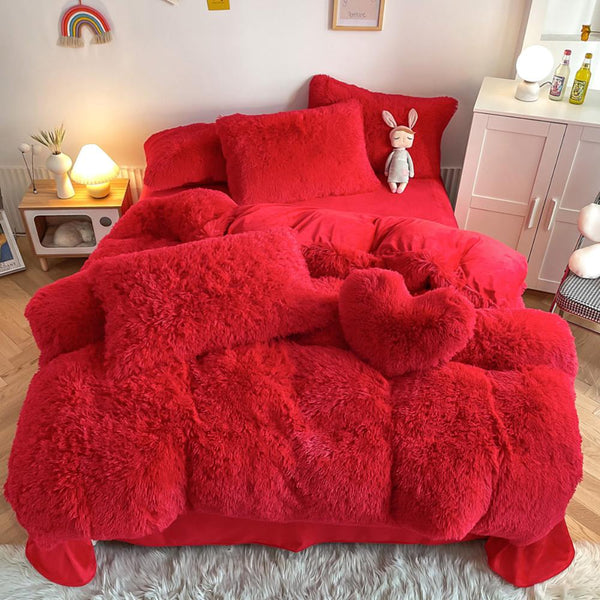 Red Velvet Plush Fluffy Bedding Set – Luxurious Deep Red Faux Fur Bed Set for Elegant Cozy Bedrooms