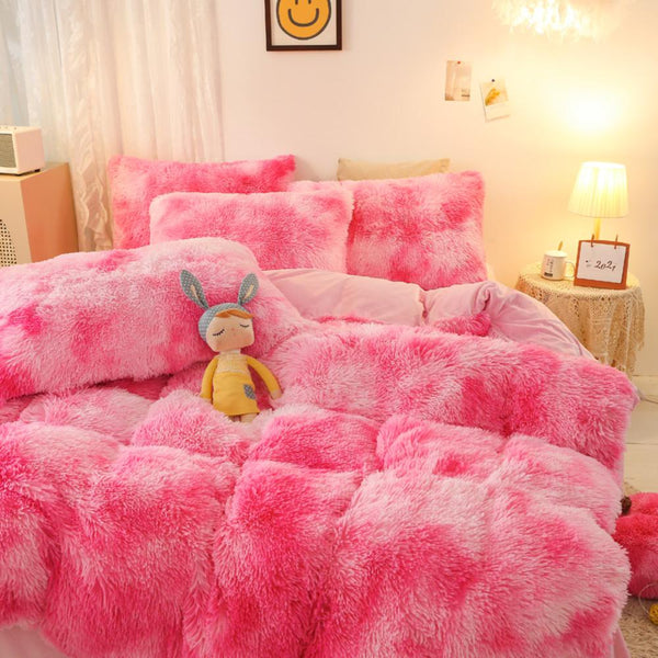 Rose Pink Plush Fluffy Bedding Set – Tie Dye Soft Faux Fur Comforter Set for Feminine Bedroom Decor