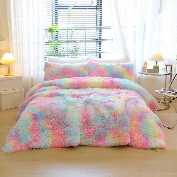 Rainbow Plush Fluffy Tie Dye Bedding Set for Girls Teens Adults – Soft Colorful Rainbow Comforter Set
