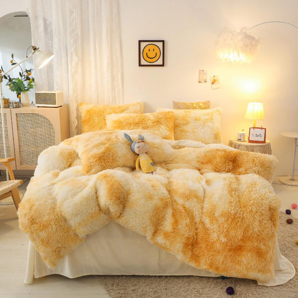 Sunflower Yellow Plush Fluffy Tie Dye Bedding Set – Bright Cheerful Bedding for Teen or Dorm Room Style