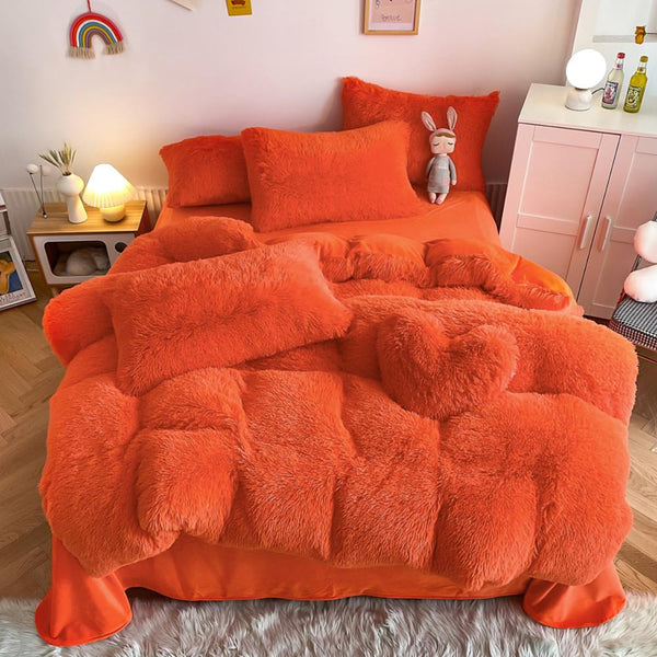 Tangerine Orange Plush Fluffy Bedding Set – Vibrant Faux Fur Comforter Set for Energetic Room Decor