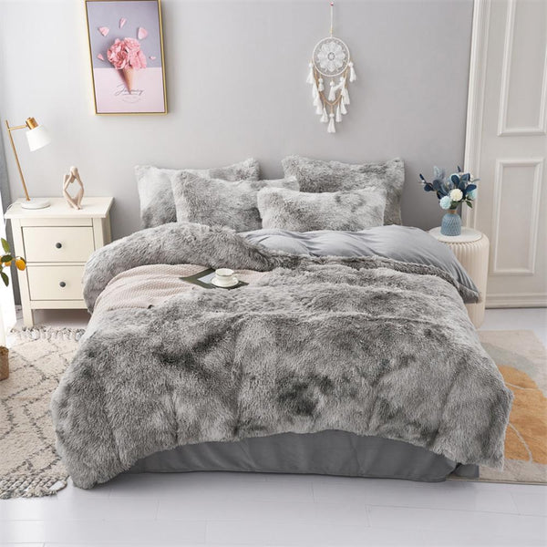 Thunder Grey Fluffy Tie Dye Bedding Set – Dark Stormy Faux Fur Comforter Set for Bold Modern Bedrooms