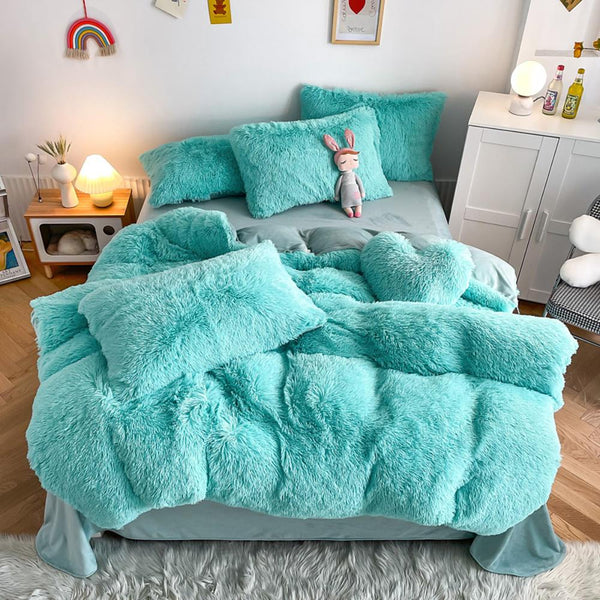 Turquoise Plush Fluffy Bedding Set – Bright Vibrant Cozy Bed Set for Girls Teens or Bohemian Bedrooms