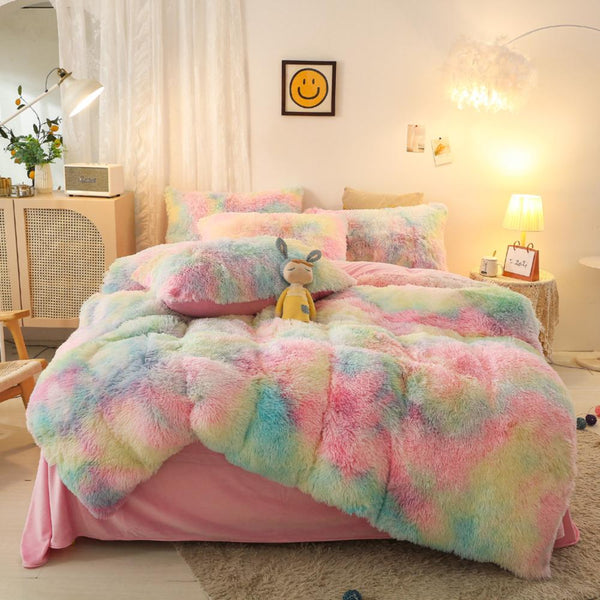 Vivid Rainbow Plush Fluffy Tie Dye Bedding Set – Bright Colorful Soft Comforter Set for Kids and Teens