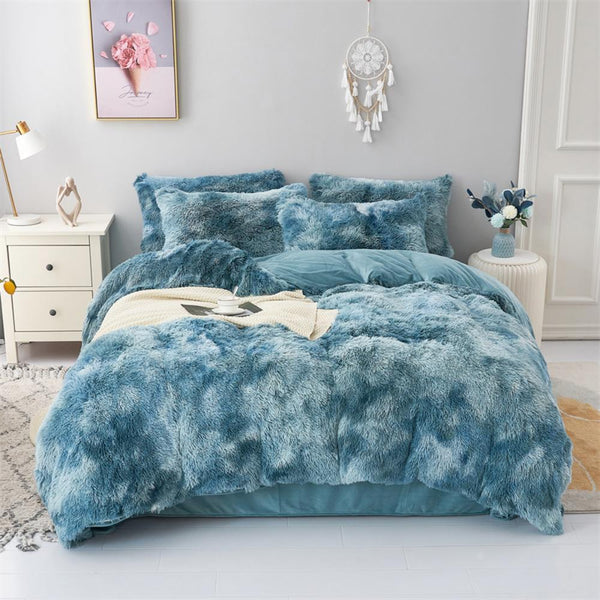 Waterfall Turquoise Plush Fluffy Bedding Set – Refreshing Faux Fur Comforter for Coastal Boho Bedrooms